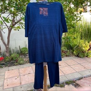 Vintage Women Oversized Kanojo USA 2-Piece Outfit Top Pants Indigo Blue Petite